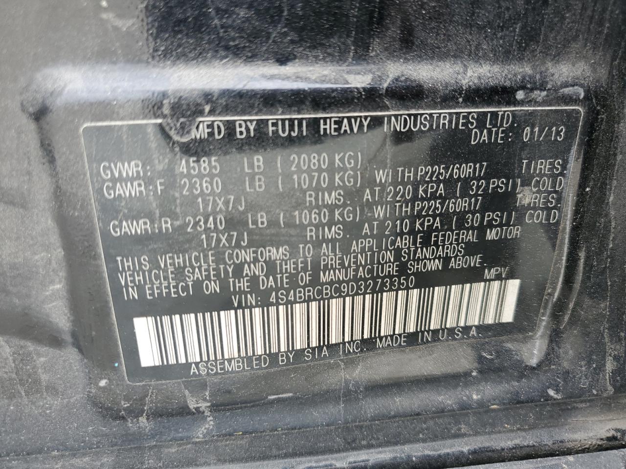 4S4BRCBC9D3273350 2013 Subaru Outback 2.5I Premium