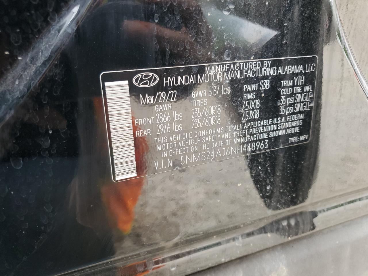 5NMS24AJ6NH448963 2022 Hyundai Santa Fe Sel