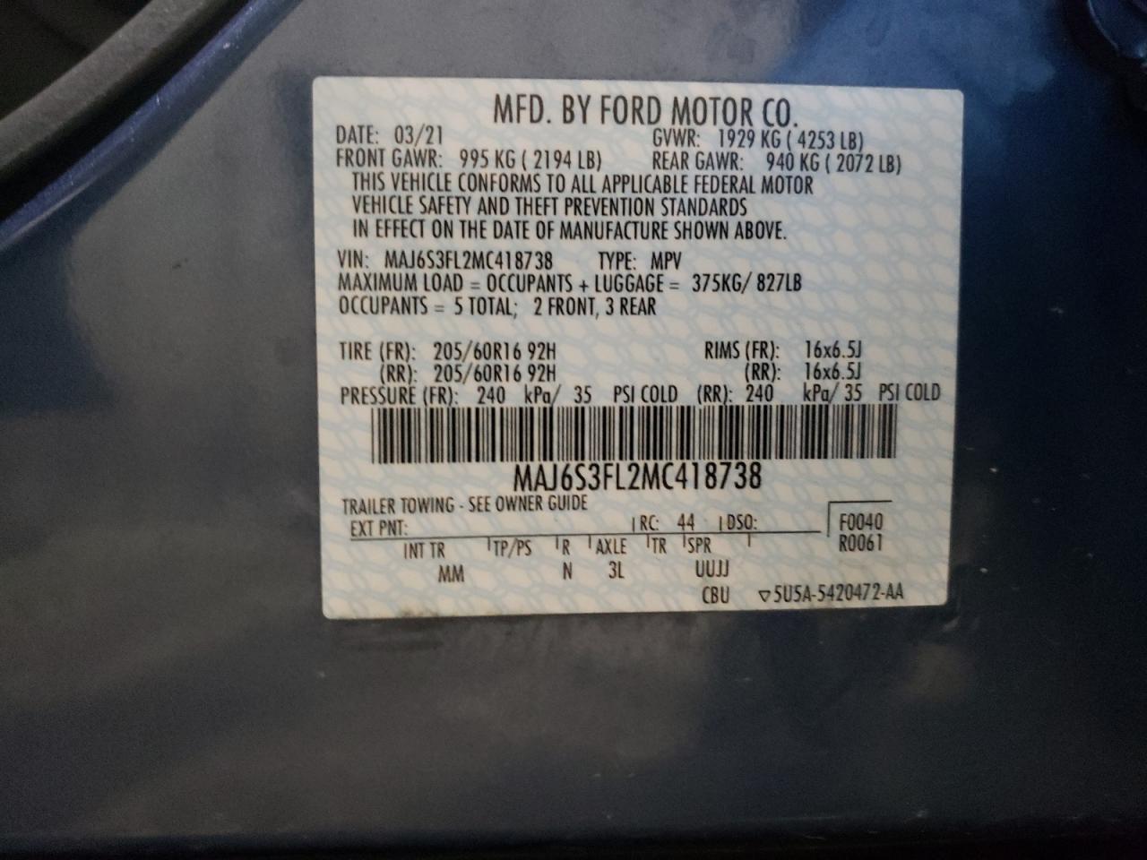 MAJ6S3FL2MC418738 2021 Ford Ecosport S