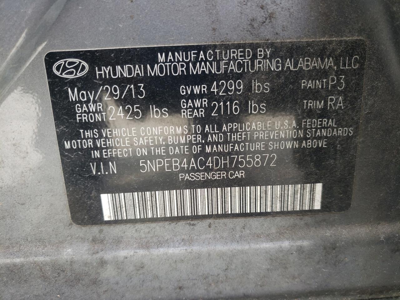 5NPEB4AC4DH755872 2013 Hyundai Sonata Gls