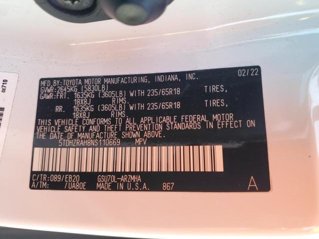 2022 Toyota Highlander Xle VIN: 5TDHZRAH8NS110669 Lot: 59264844