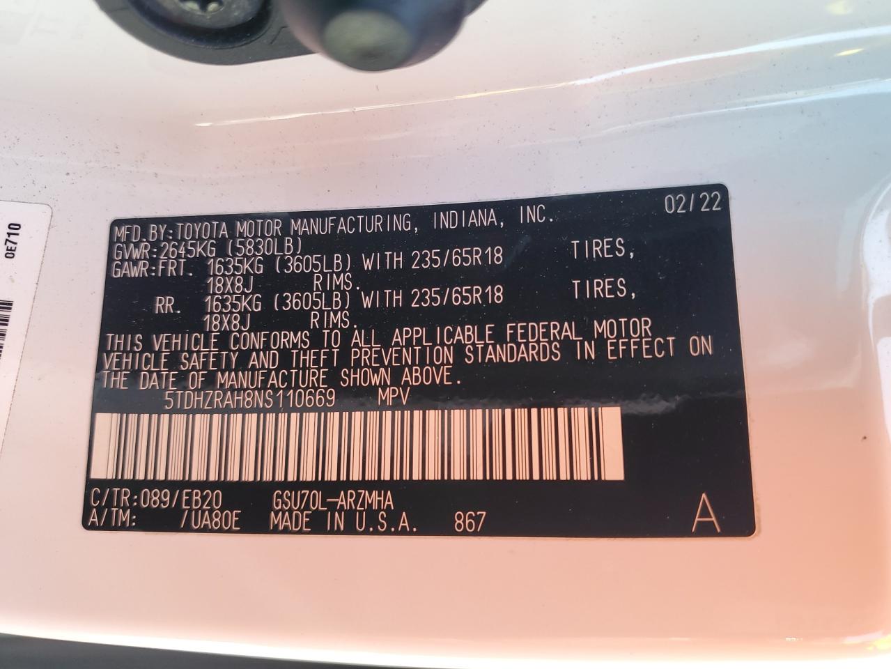 5TDHZRAH8NS110669 2022 Toyota Highlander Xle