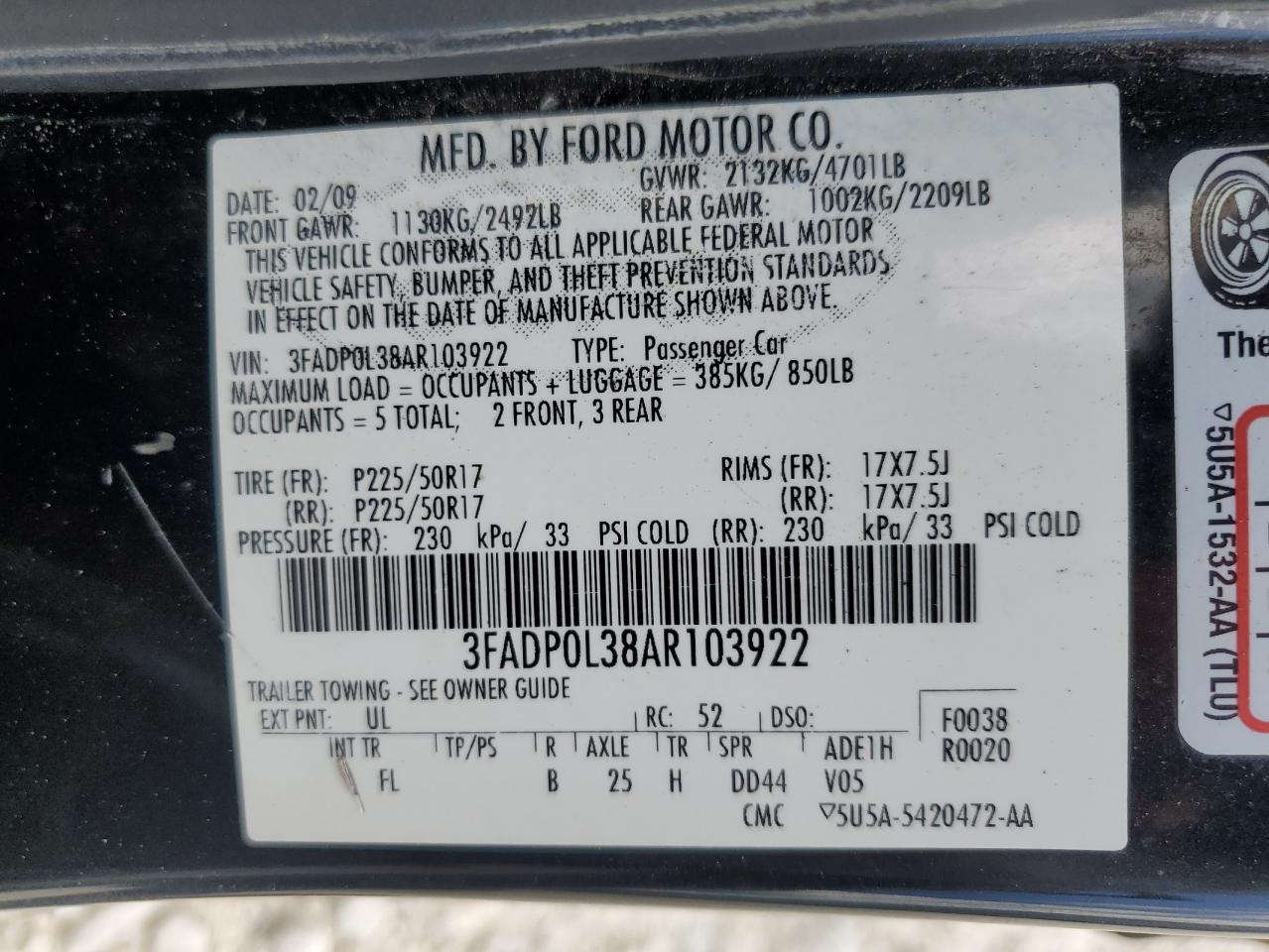 3FADP0L38AR103922 2010 Ford Fusion Hybrid