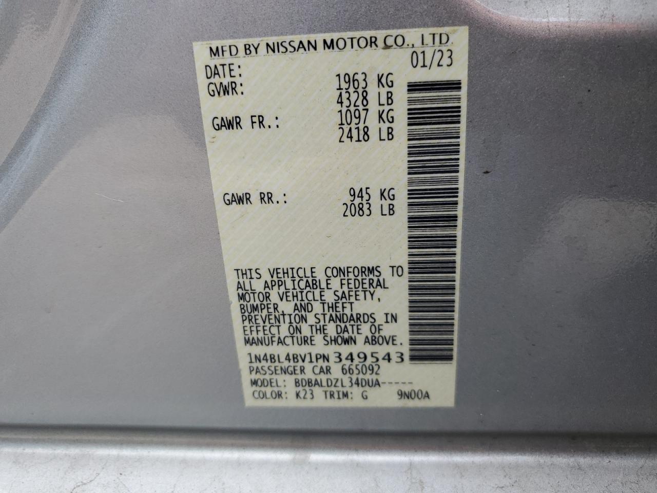 1N4BL4BV1PN349543 2023 Nissan Altima S