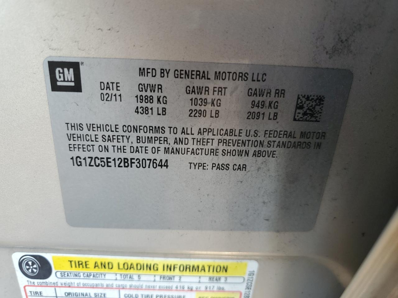 1G1ZC5E12BF307644 2011 Chevrolet Malibu 1Lt