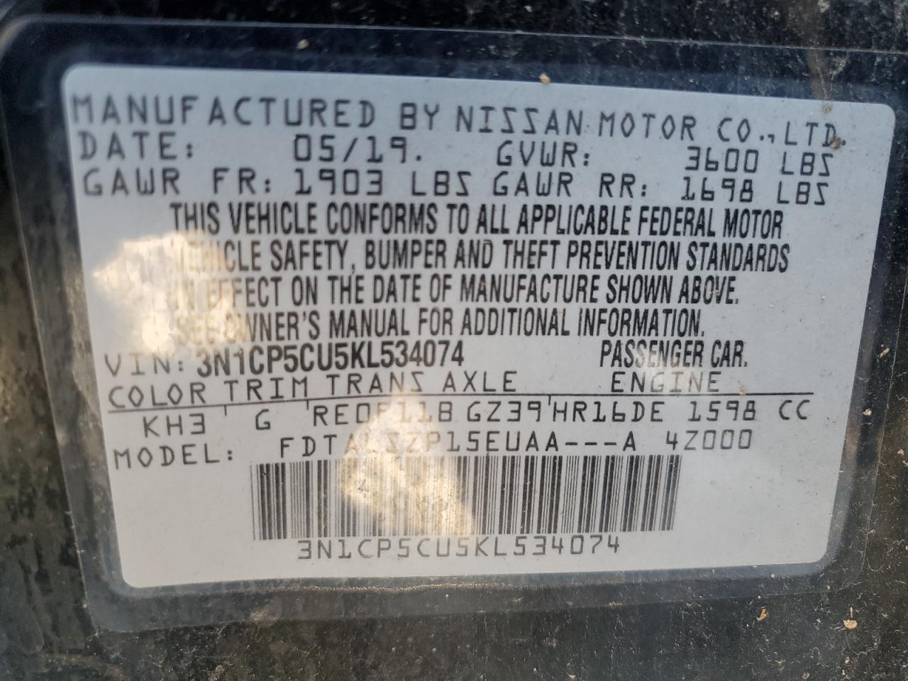 3N1CP5CU5KL534074 2019 Nissan Kicks S