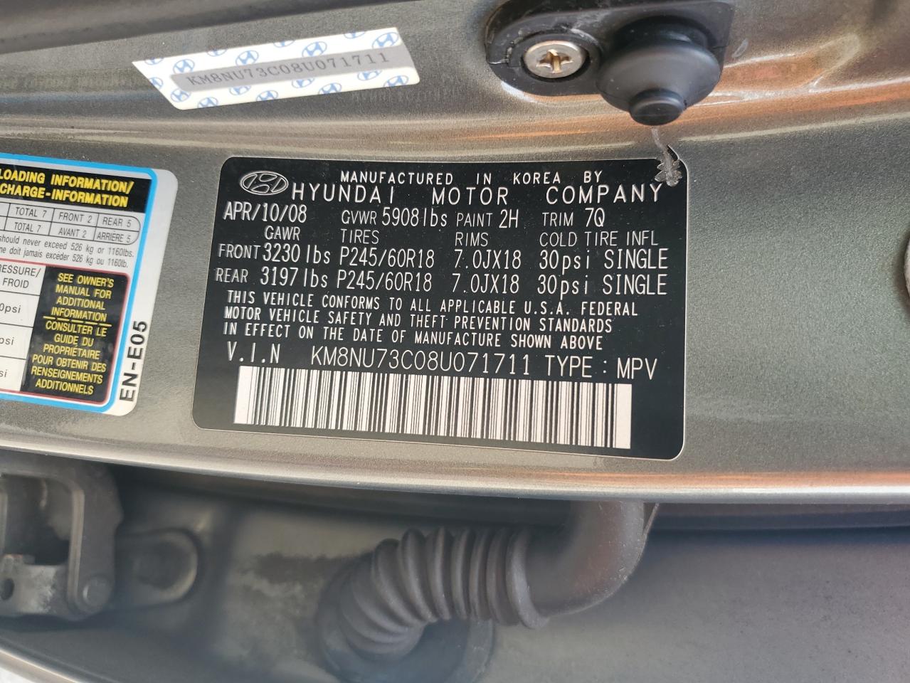 KM8NU73C08U071711 2008 Hyundai Veracruz Gls