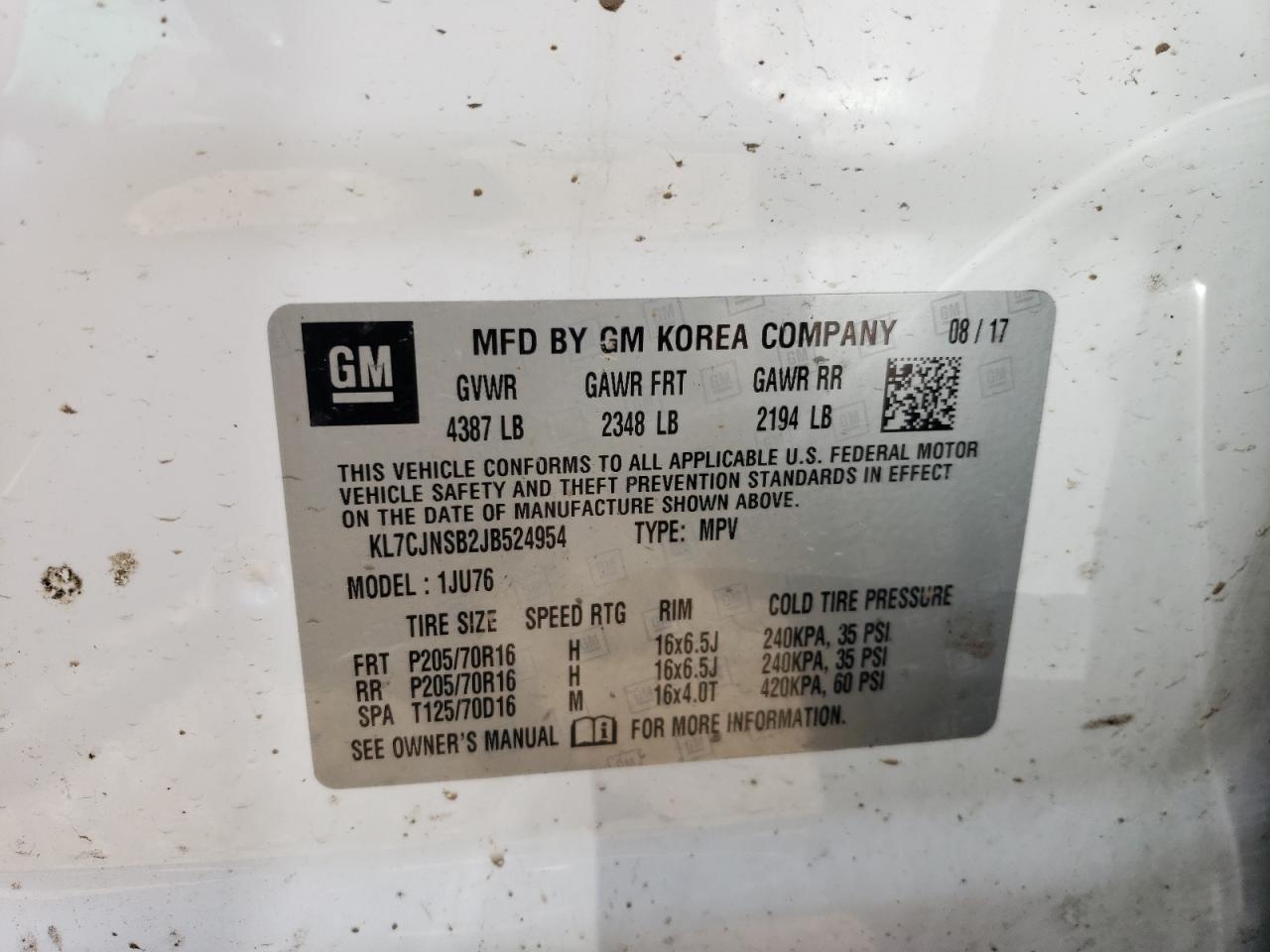 KL7CJNSB2JB524954 2018 Chevrolet Trax Ls