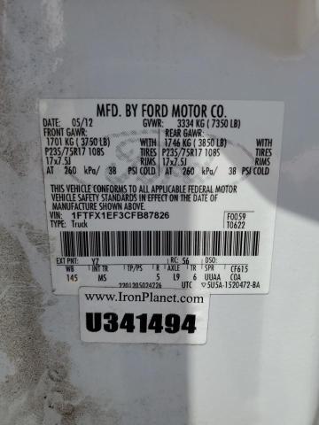 2012 Ford F150 Super Cab VIN: 1FTFX1EF3CFB87826 Lot: 57486524