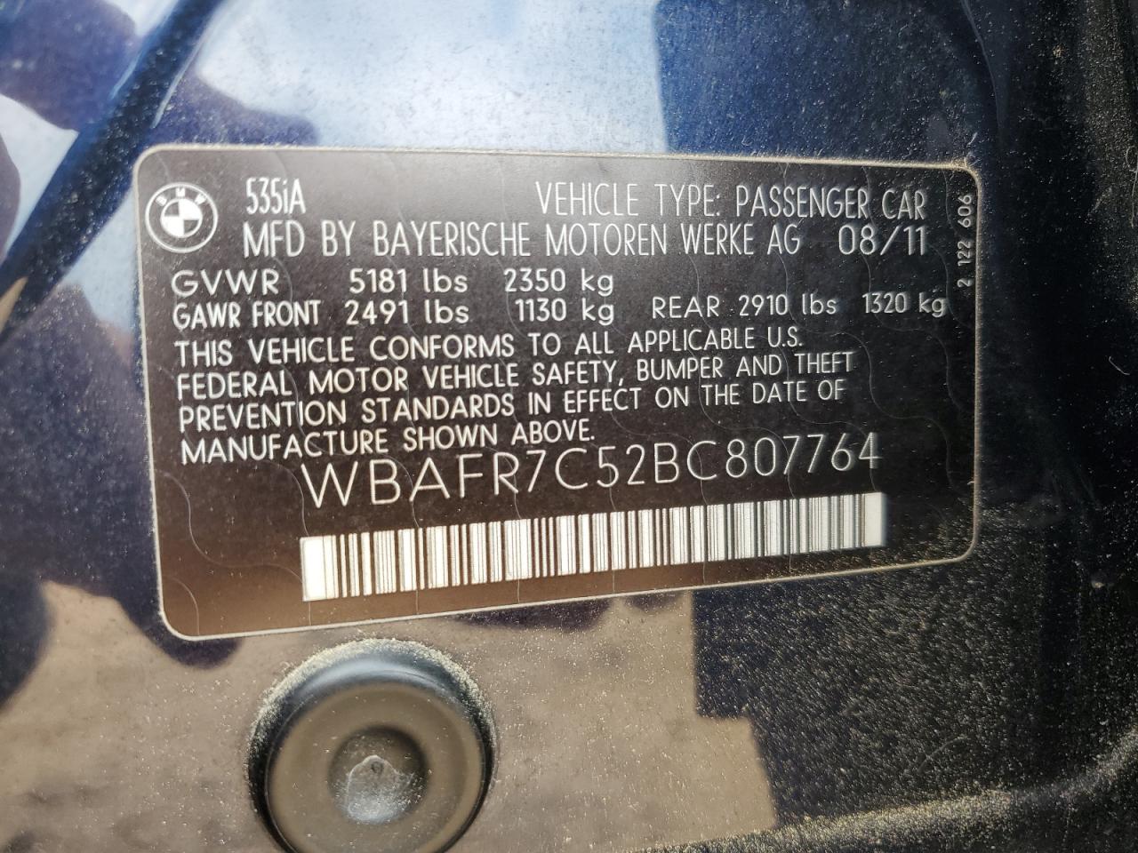 WBAFR7C52BC807764 2011 BMW 535 I