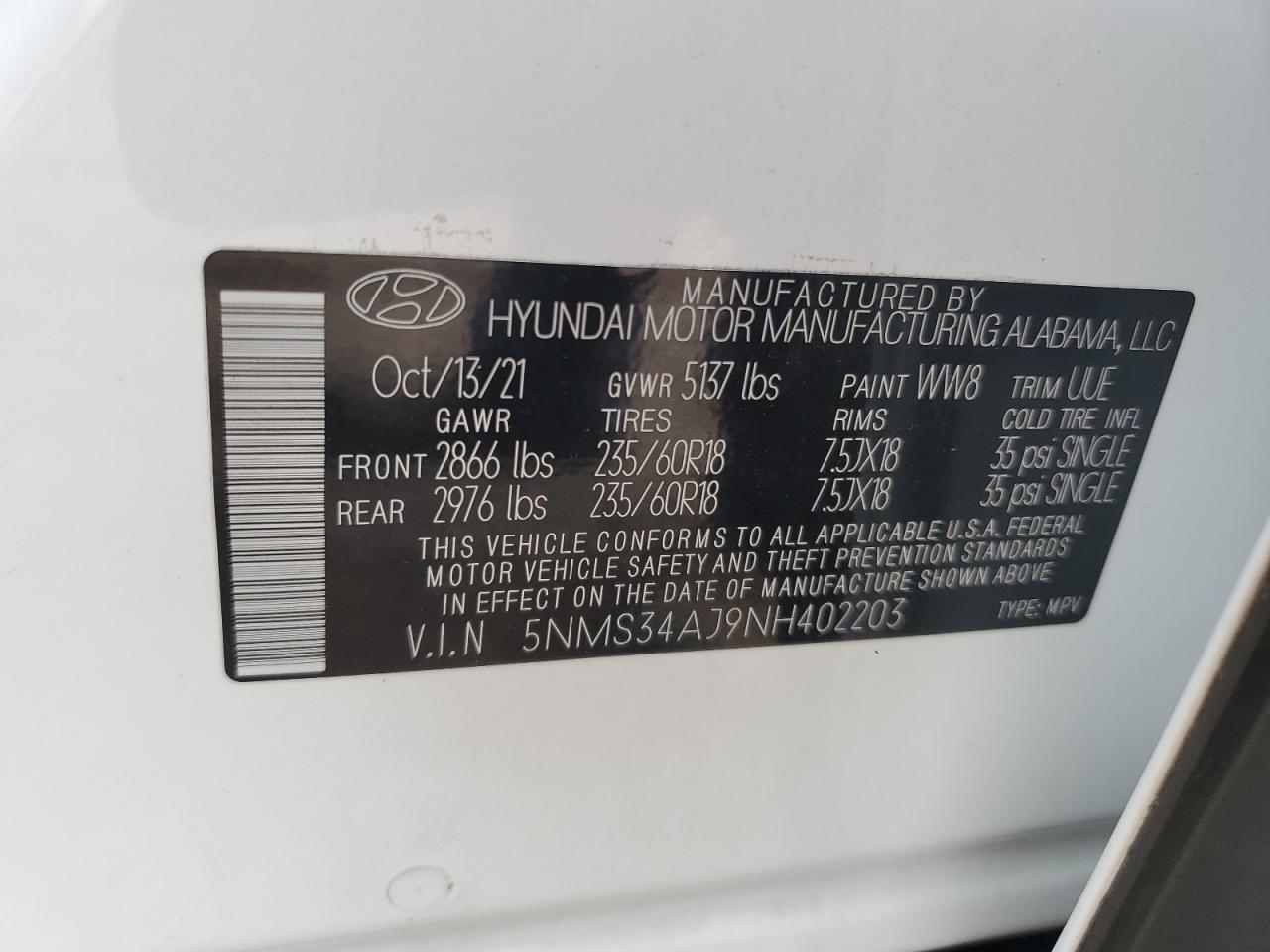 5NMS34AJ9NH402203 2022 Hyundai Santa Fe Sel