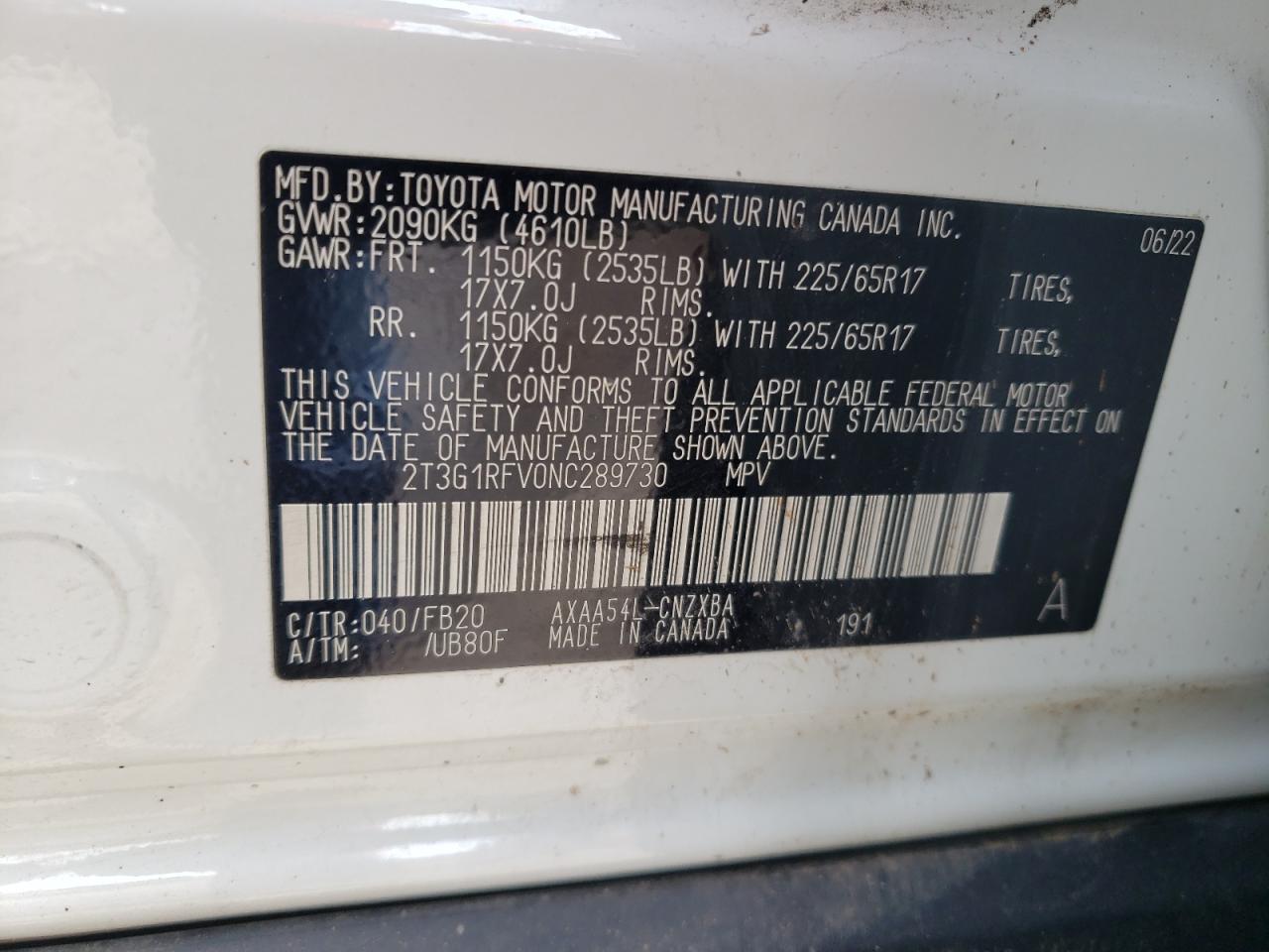 2T3G1RFV0NC289730 2022 Toyota Rav4 Le