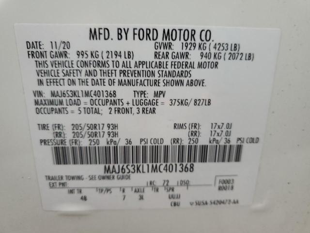 2021 Ford Ecosport Titanium VIN: MAJ6S3KL1MC401368 Lot: 58107334