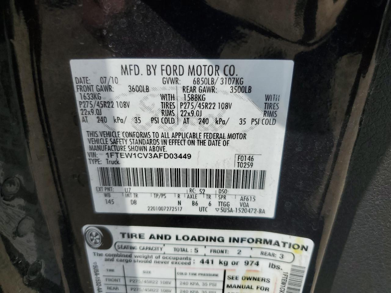 1FTEW1CV3AFD03449 2010 Ford F150 Supercrew