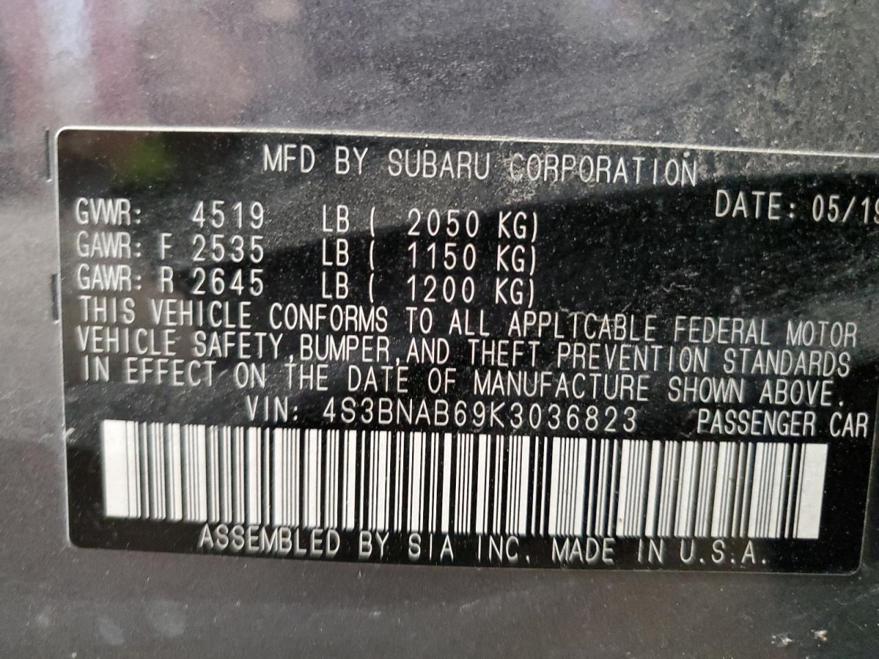 4S3BNAB69K3036823 2019 Subaru Legacy 2.5I