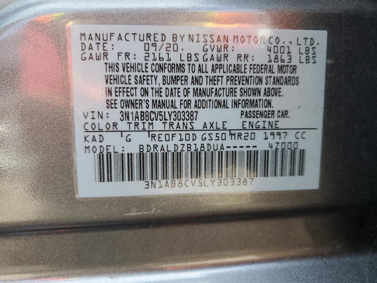 3N1AB8CV5LY303387 2020 Nissan Sentra Sv