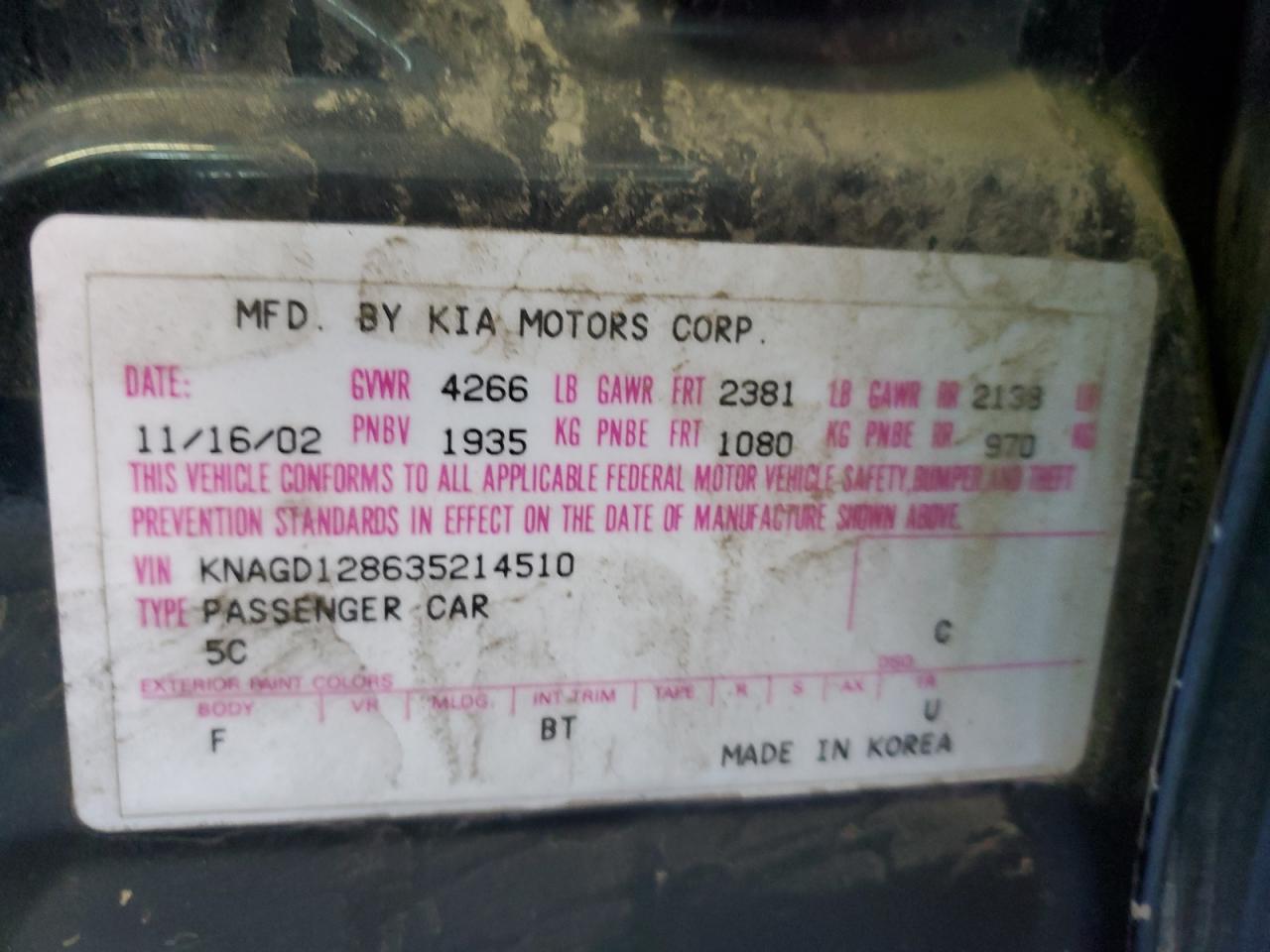 KNAGD128635214510 2003 Kia Optima Lx