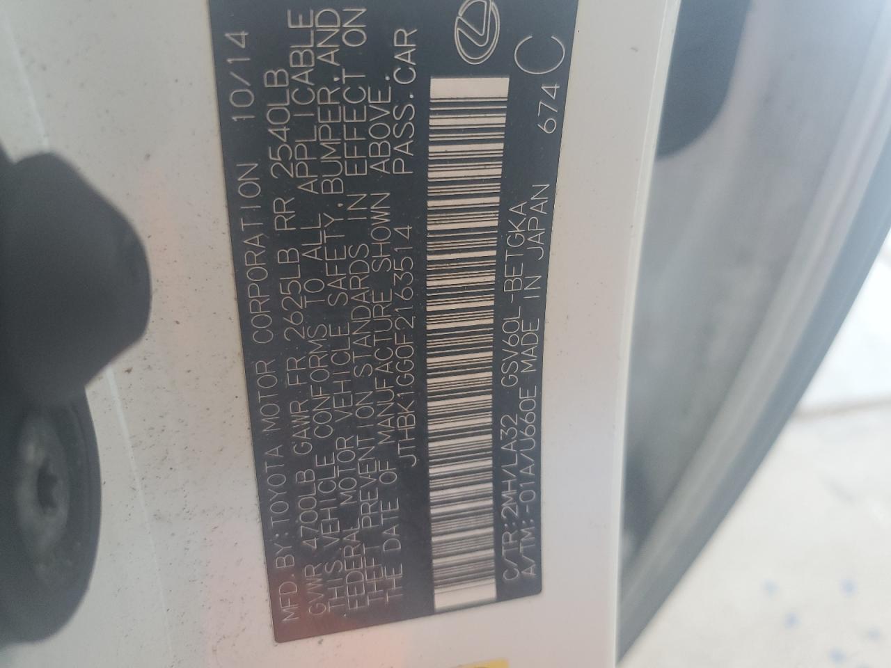 JTHBK1GG0F2163514 2015 Lexus Es 350