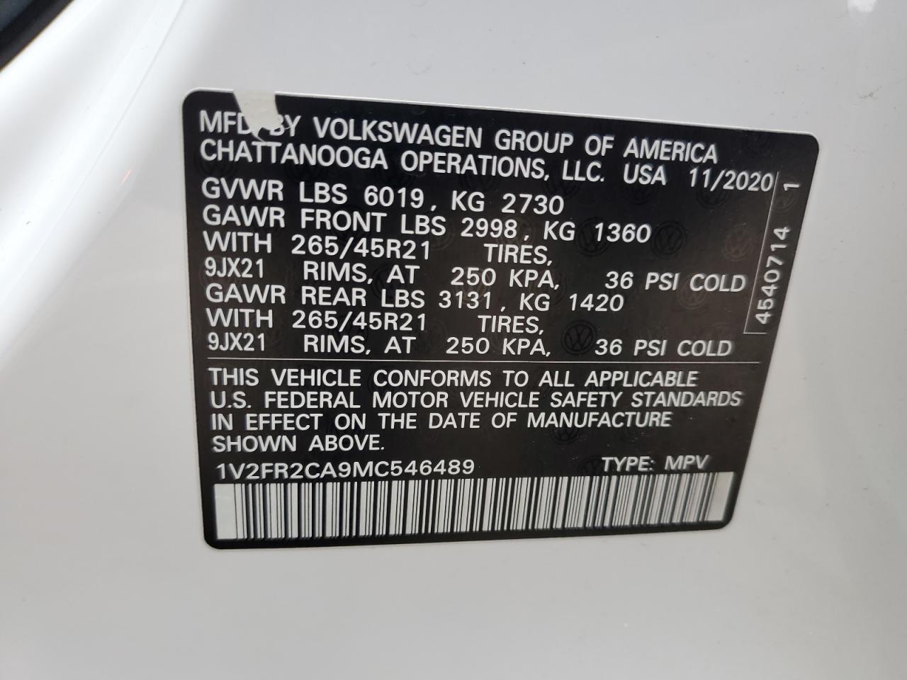 1V2FR2CA9MC546489 2021 Volkswagen Atlas Sel Premium R-Line