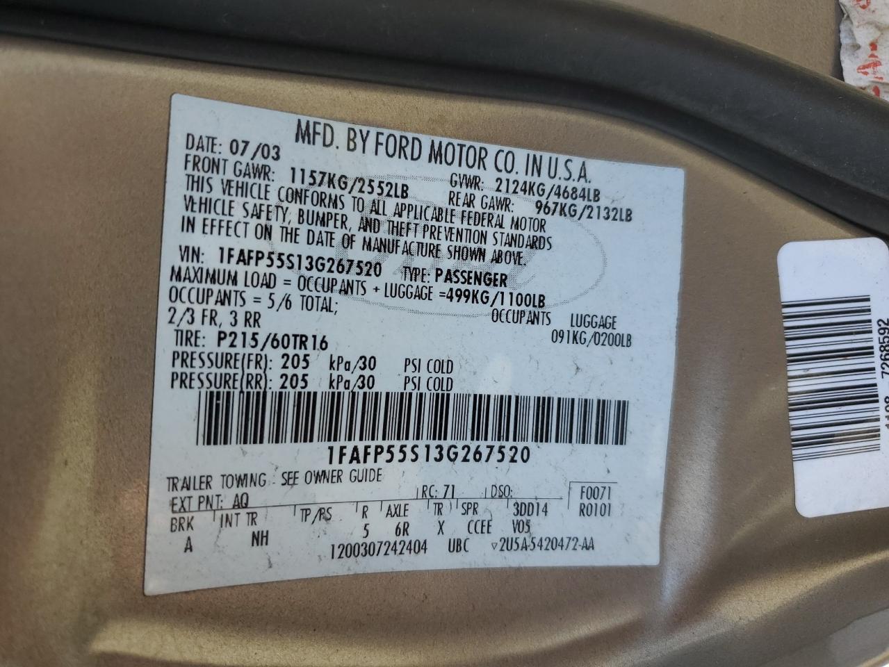 1FAFP55S13G267520 2003 Ford Taurus Ses