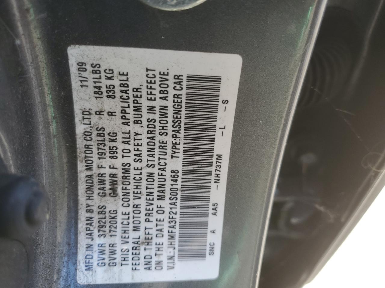 JHMFA3F21AS001468 2010 Honda Civic Hybrid