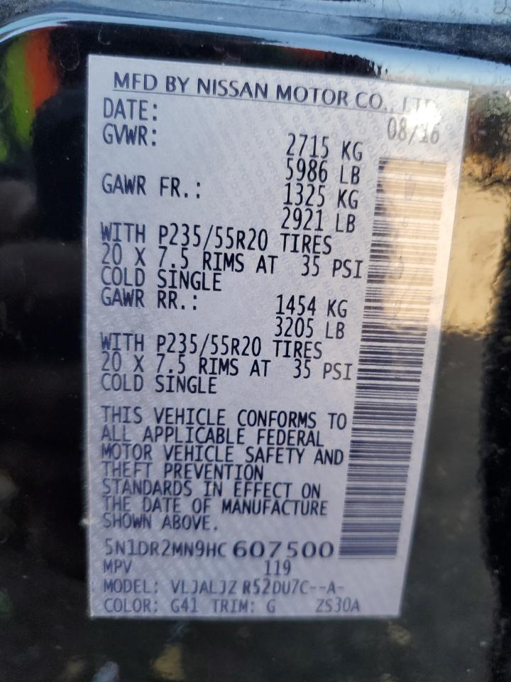 5N1DR2MN9HC607500 2017 Nissan Pathfinder S