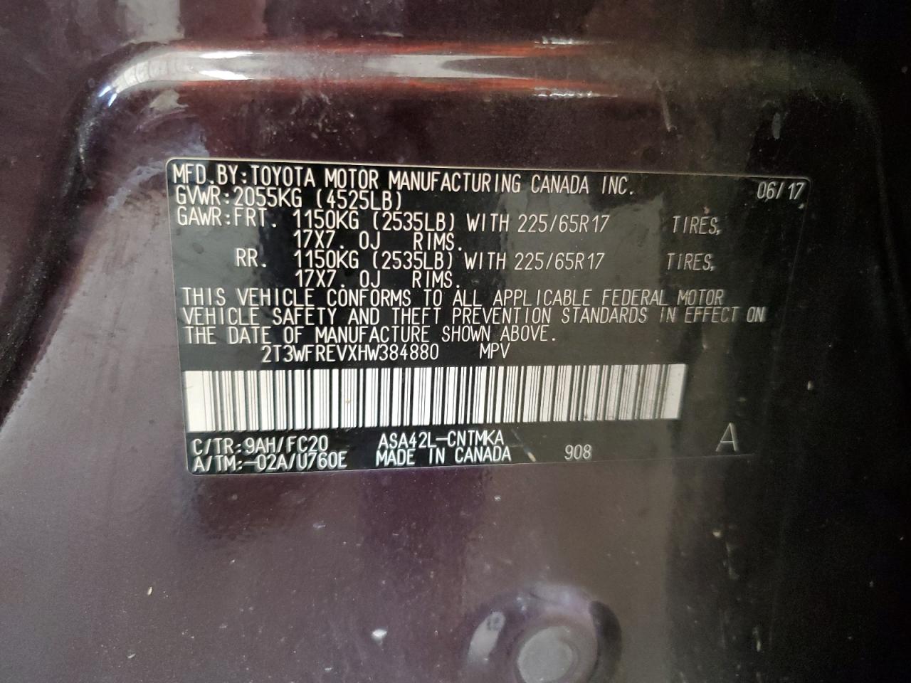 2T3WFREVXHW384880 2017 Toyota Rav4 Xle