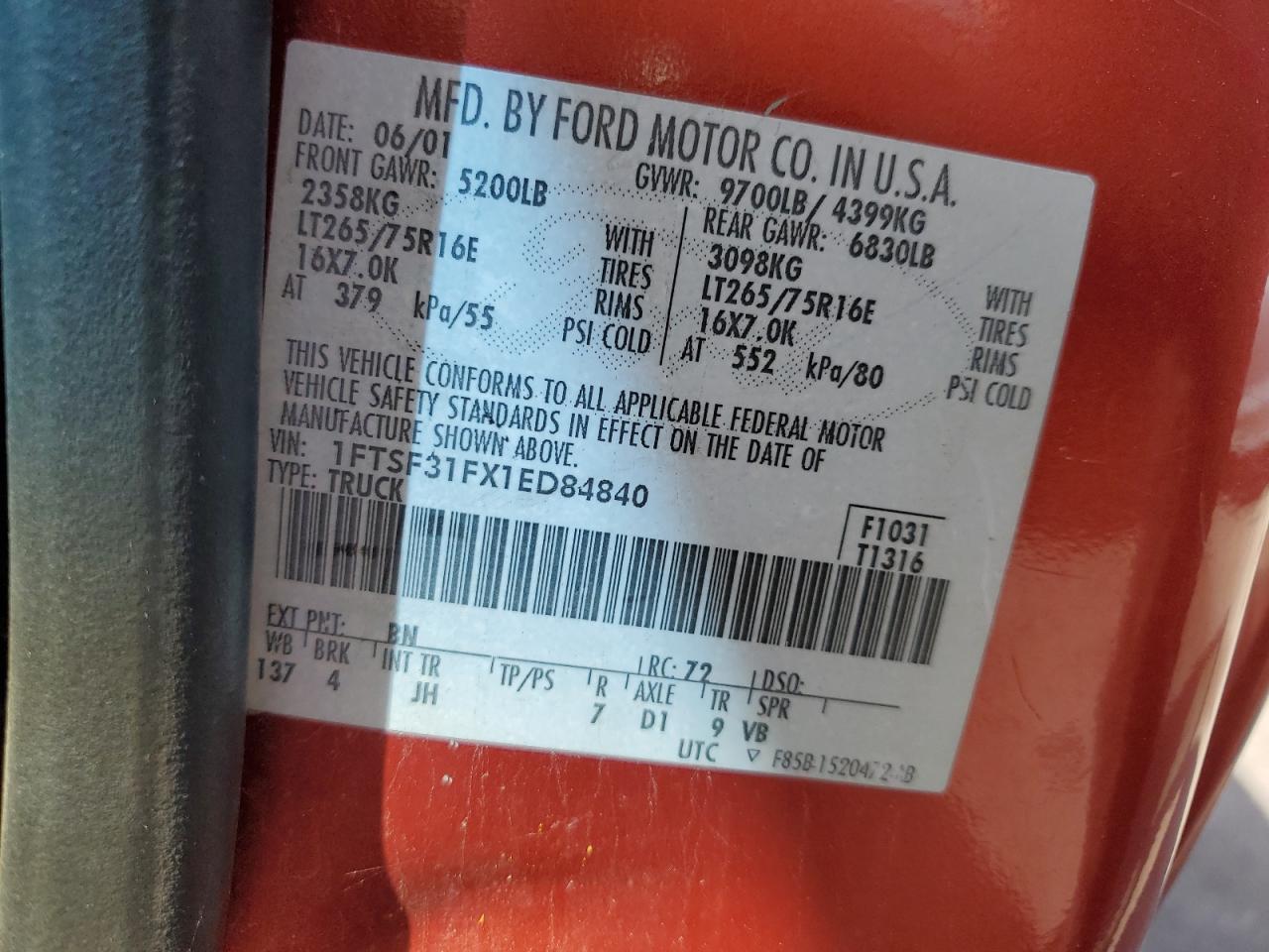 1FTSF31FX1ED84840 2001 Ford F350 Srw Super Duty