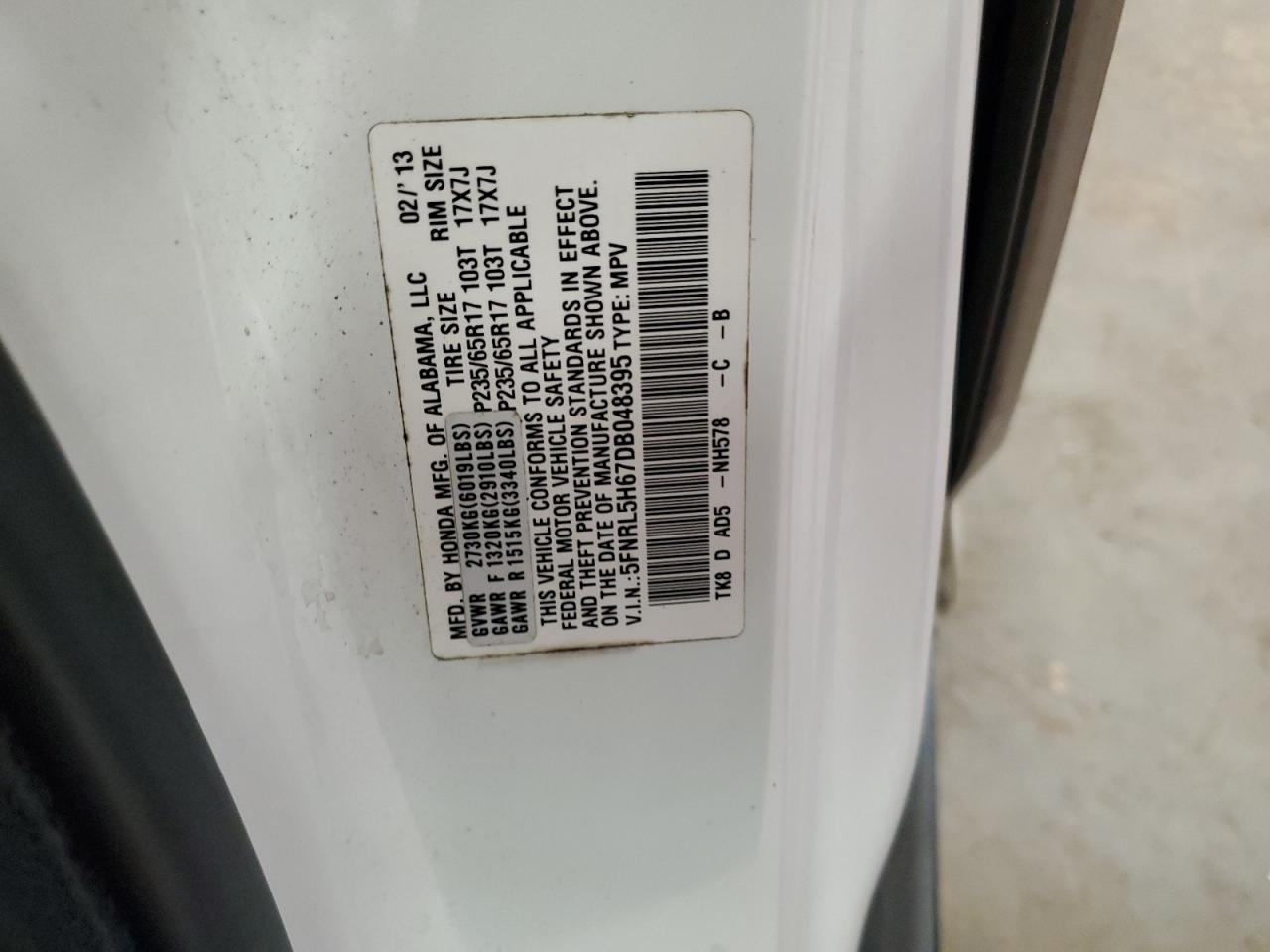 5FNRL5H67DB048395 2013 Honda Odyssey Exl