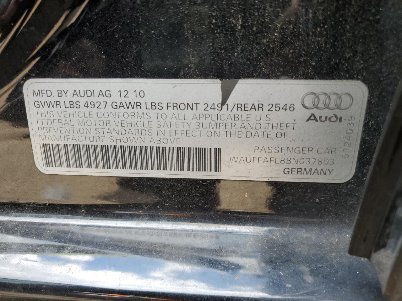 WAUFFAFL8BN037803 2011 Audi A4 Premium Plus