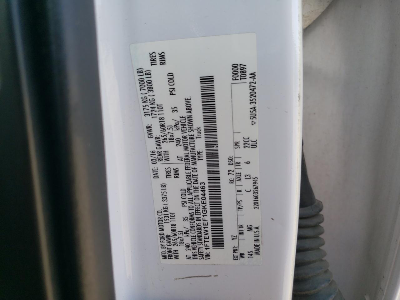 1FTEW1EF1GKE04463 2016 Ford F150 Supercrew