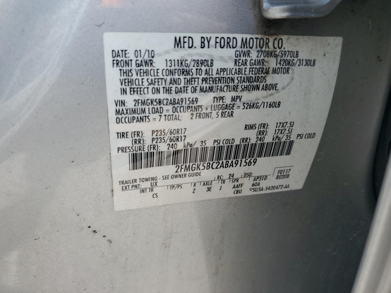 2FMGK5BC2ABA91569 2010 Ford Flex Se