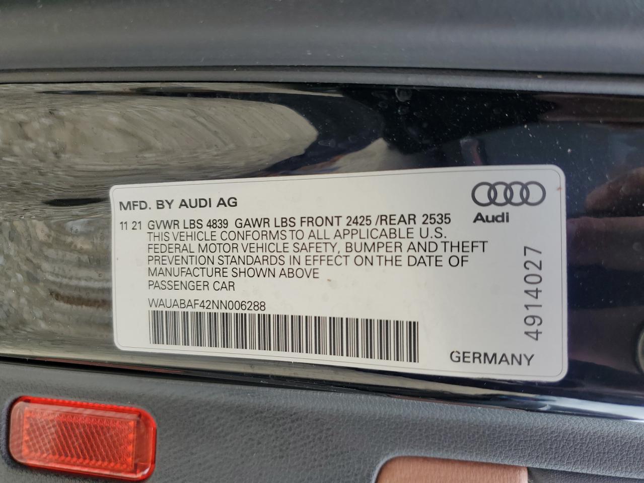 WAUABAF42NN006288 2022 Audi A4 Premium 40