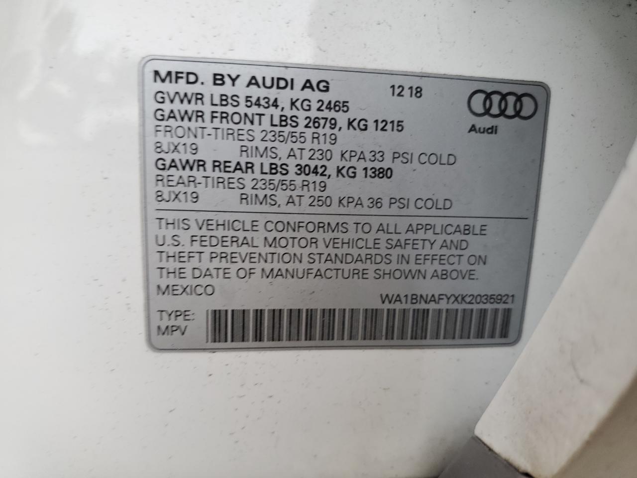 WA1BNAFYXK2035921 2019 Audi Q5 Premium Plus