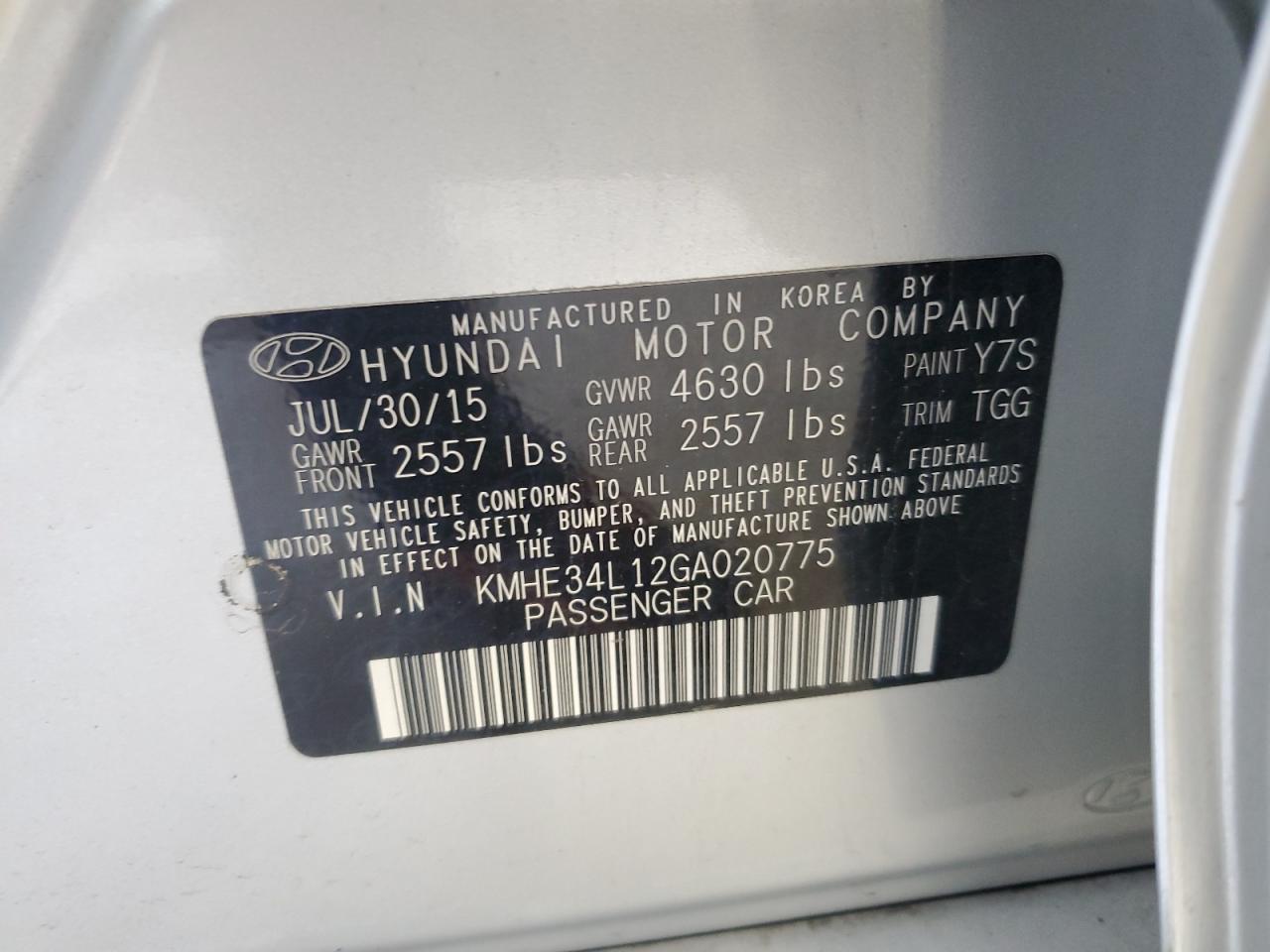 KMHE34L12GA020775 2016 Hyundai Sonata Hybrid