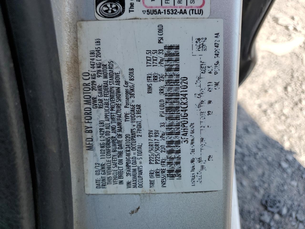 3FAHP0JG4CR341020 2012 Ford Fusion Sel