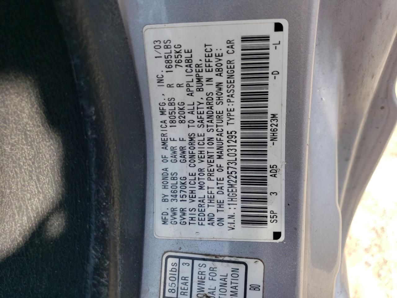 1HGEM22573L031295 2003 Honda Civic Lx