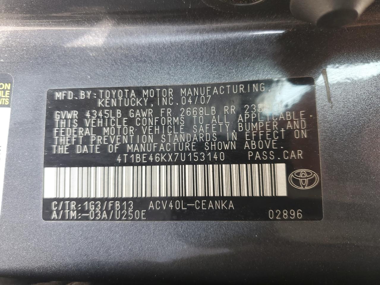 4T1BE46KX7U153140 2007 Toyota Camry Ce