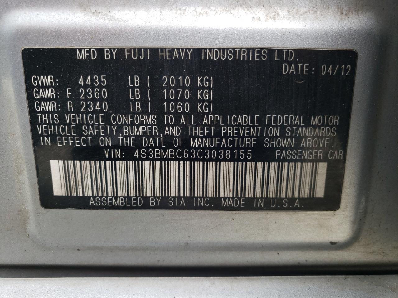 4S3BMBC63C3038155 2012 Subaru Legacy 2.5I Premium