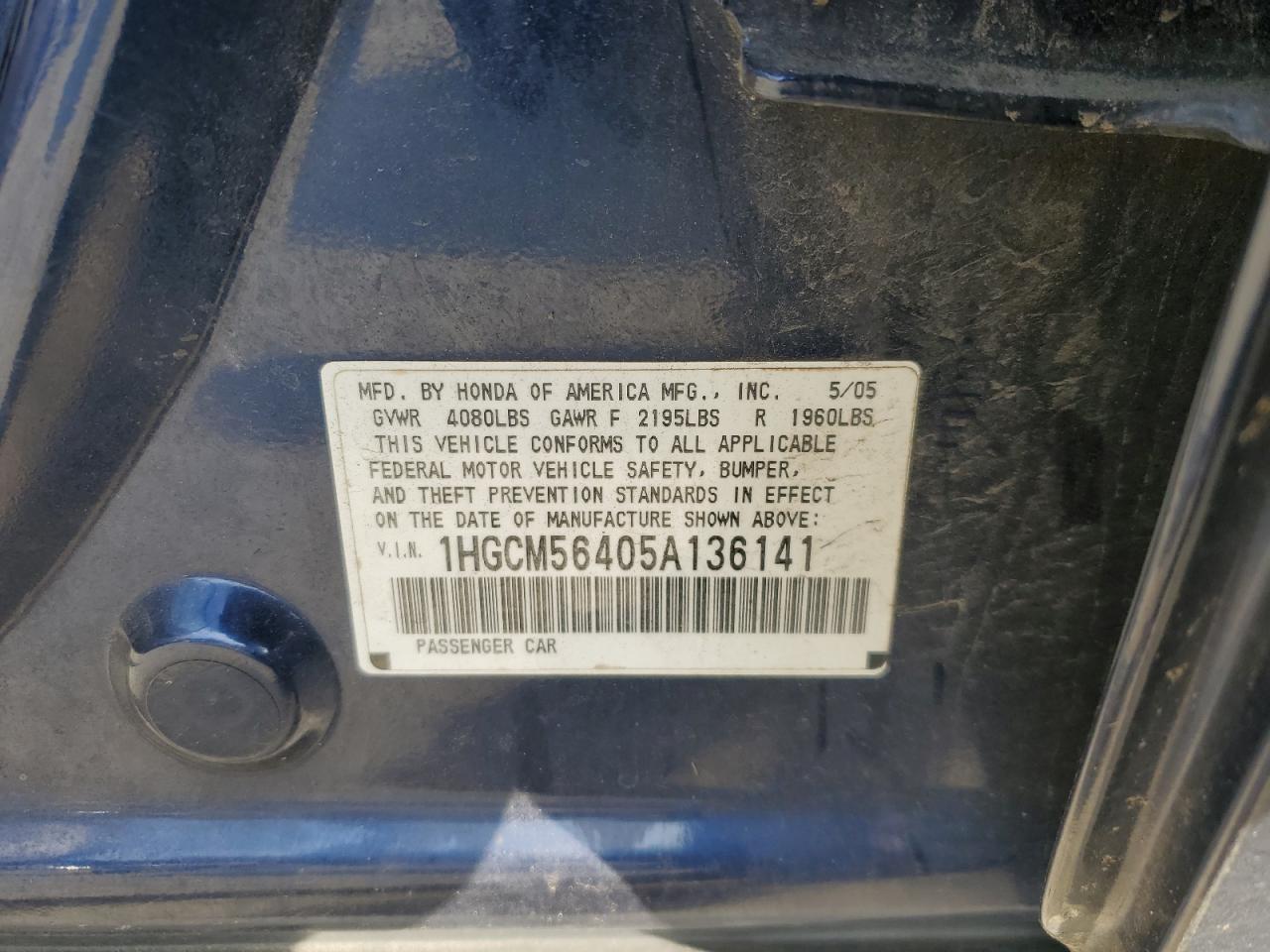 1HGCM56405A136141 2005 Honda Accord Lx