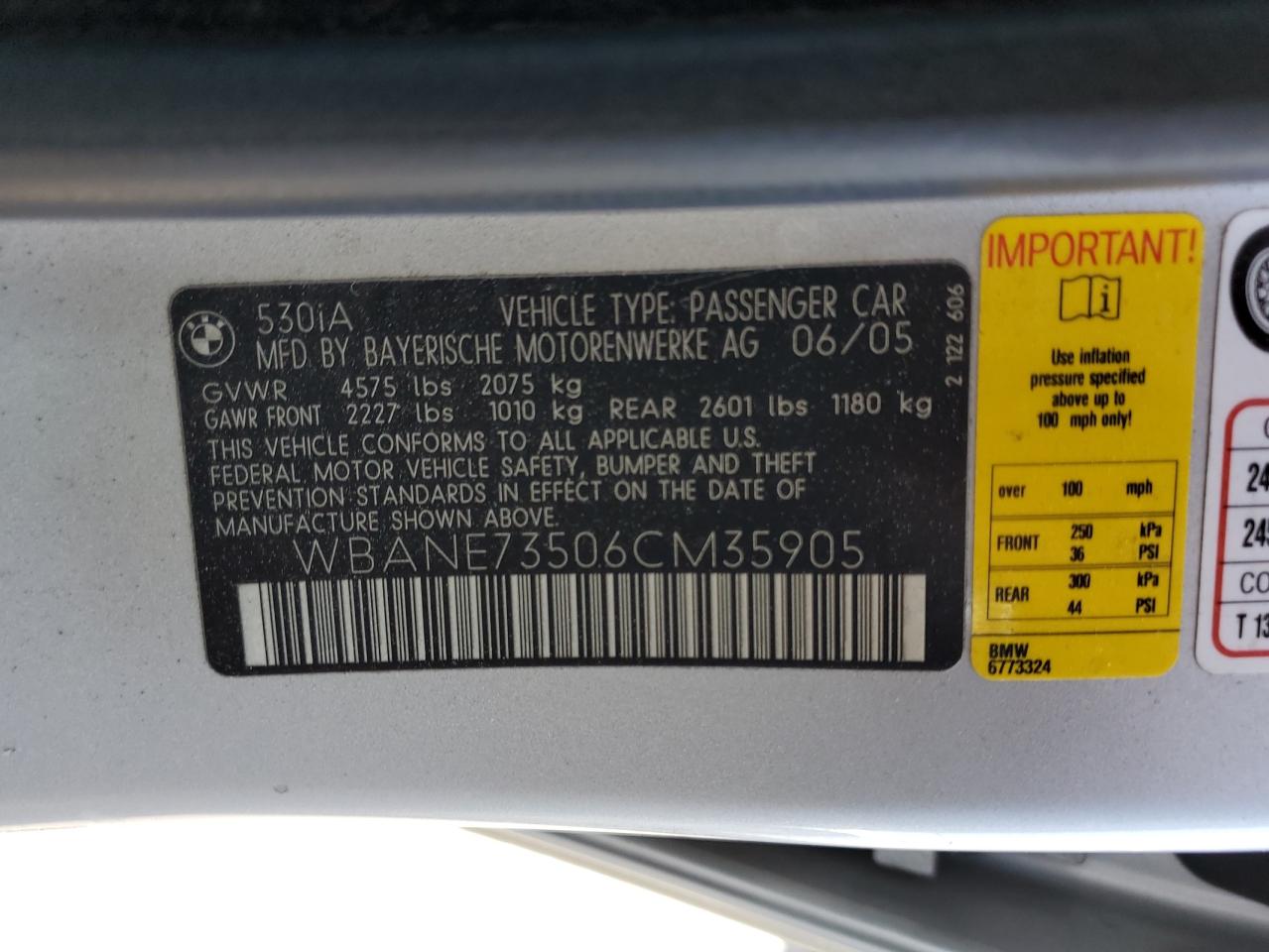 WBANE73506CM35905 2006 BMW 530 I