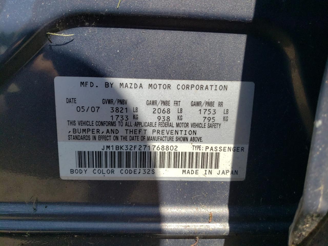 JM1BK32F271768802 2007 Mazda 3 I