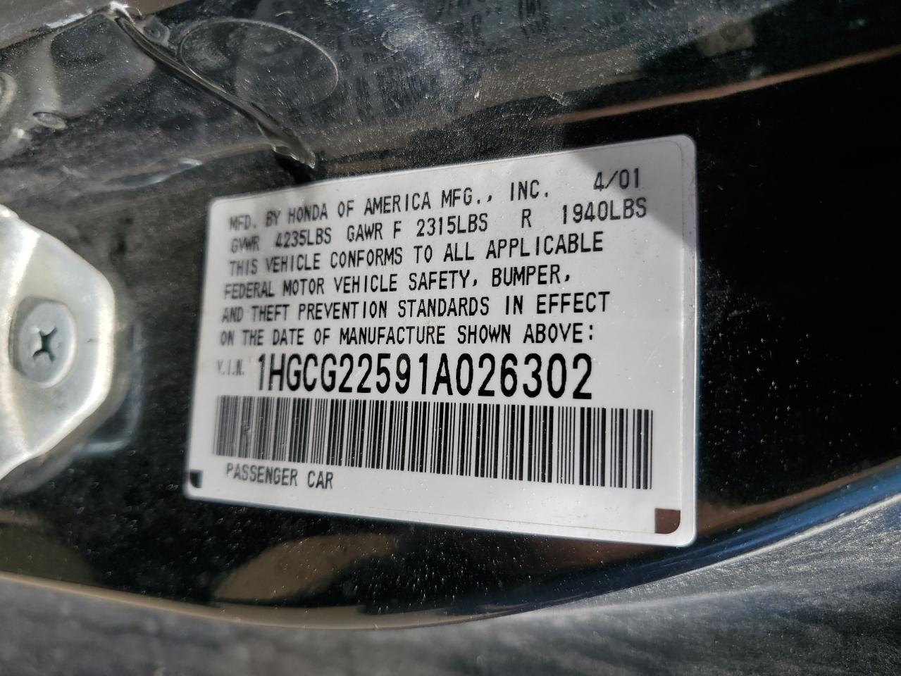 1HGCG22591A026302 2001 Honda Accord Ex