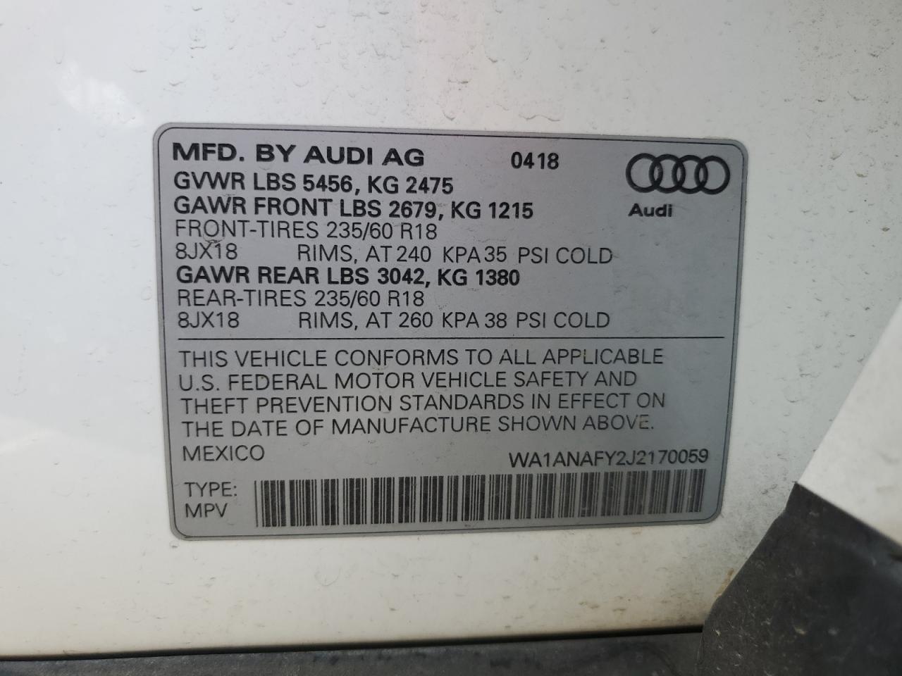 WA1ANAFY2J2170059 2018 Audi Q5 Premium