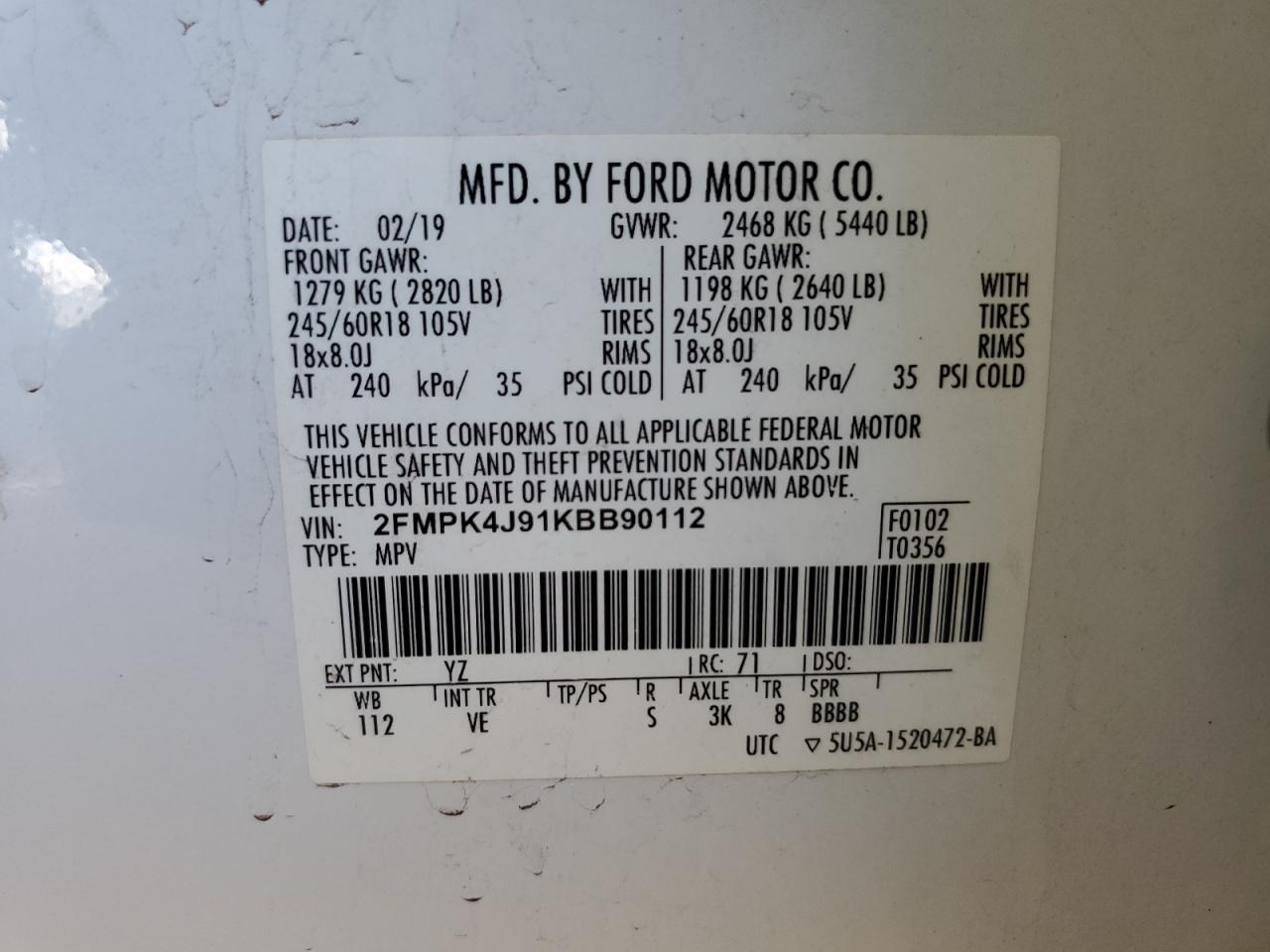 2FMPK4J91KBB90112 2019 Ford Edge Sel