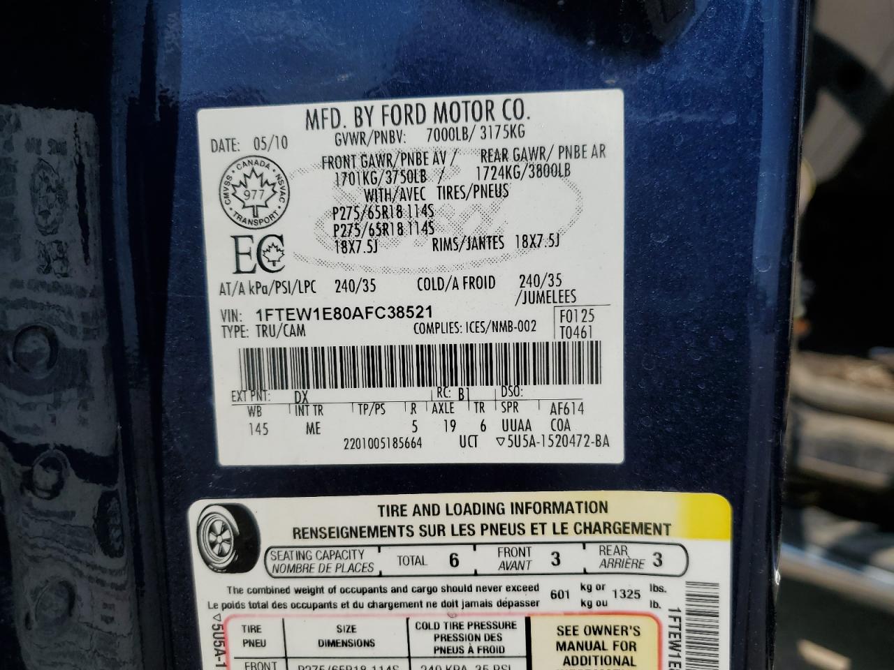 1FTEW1E80AFC38521 2010 Ford F150 Supercrew