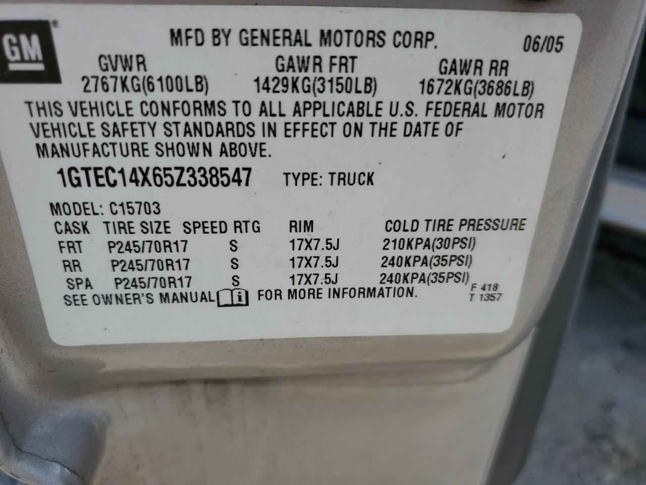 1GTEC14X65Z338547 2005 GMC New Sierra C1500