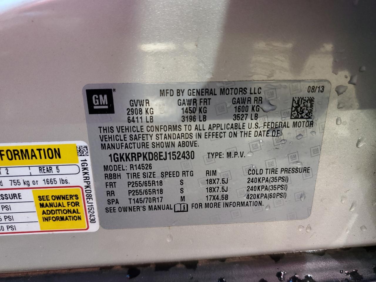 1GKKRPKD8EJ152430 2014 GMC Acadia Sle