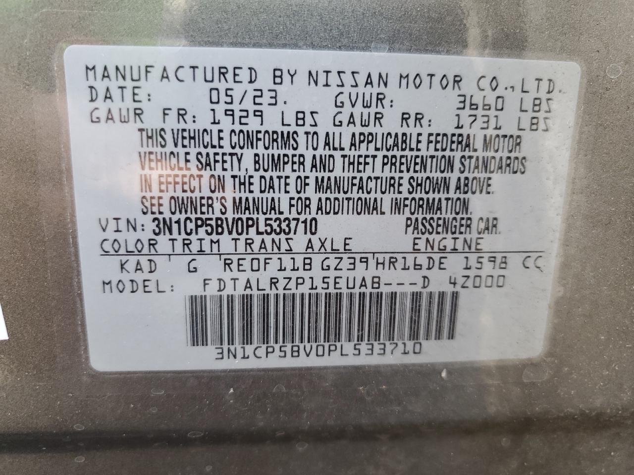 3N1CP5BV0PL533710 2023 Nissan Kicks S