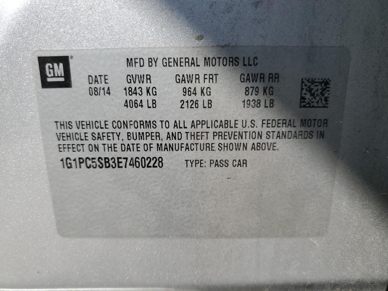 1G1PC5SB3E7460228 2014 Chevrolet Cruze Lt